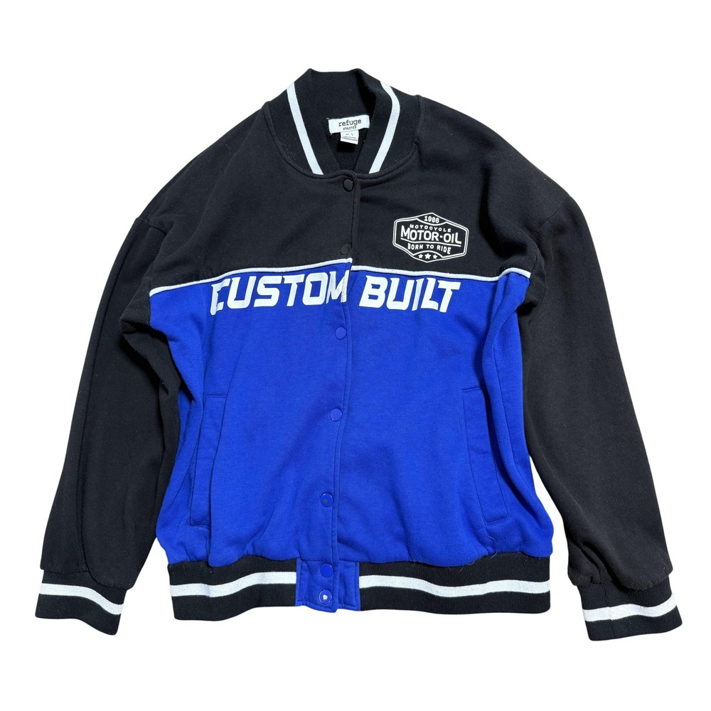 Refuge‎ Athletics Jacket Mens Large Black Blue Speedway Born To Ride Moto Racing